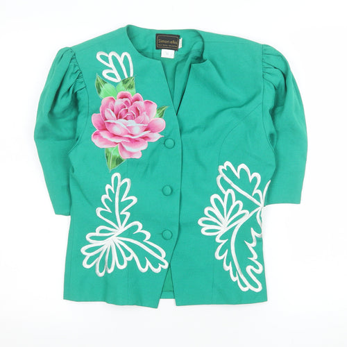 Simon Ellis Women’s Green Floral Suit Jacket UK 10 Short Sleeve Vintage Style