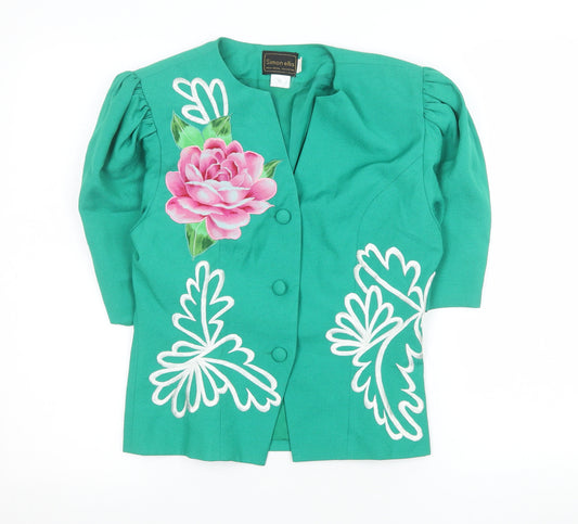 Simon Ellis Women’s Green Floral Suit Jacket UK 10 Short Sleeve Vintage Style