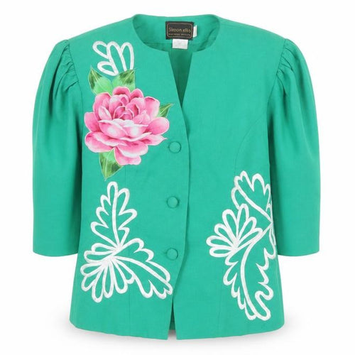 Simon Ellis Women’s Green Floral Suit Jacket UK 10 Short Sleeve Vintage Style