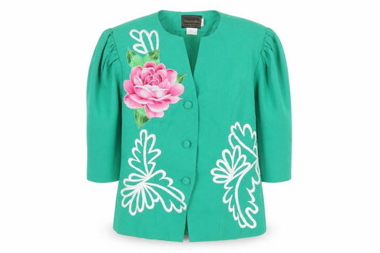 Front view of Simon Ellis Women’s Green Floral Suit Jacket UK 10 Short Sleeve Vintage Style