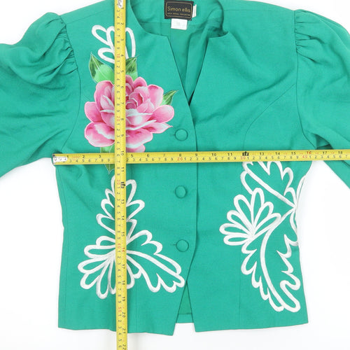Simon Ellis Women’s Green Floral Suit Jacket UK 10 Short Sleeve Vintage Style