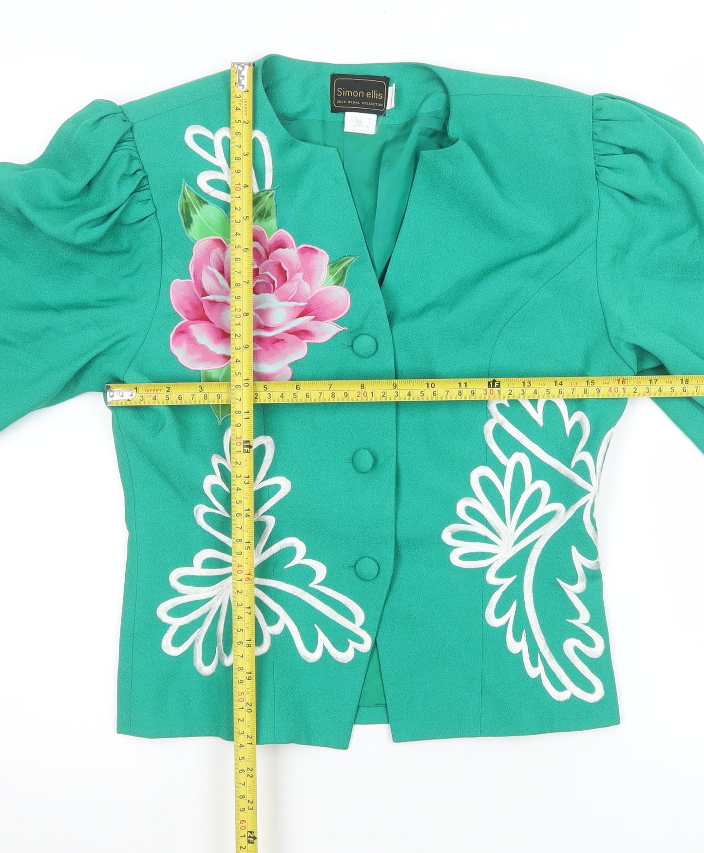 Simon Ellis Women’s Green Floral Suit Jacket UK 10 Short Sleeve Vintage Style