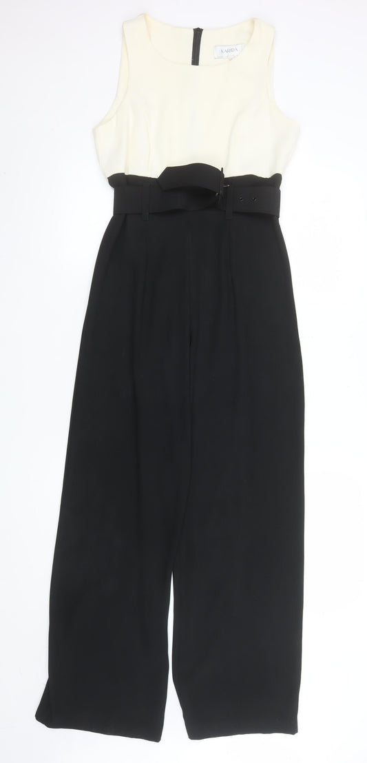 Karida Women Black Beige Jumpsuit Size 10 Belted Sleeveless Wide-Leg