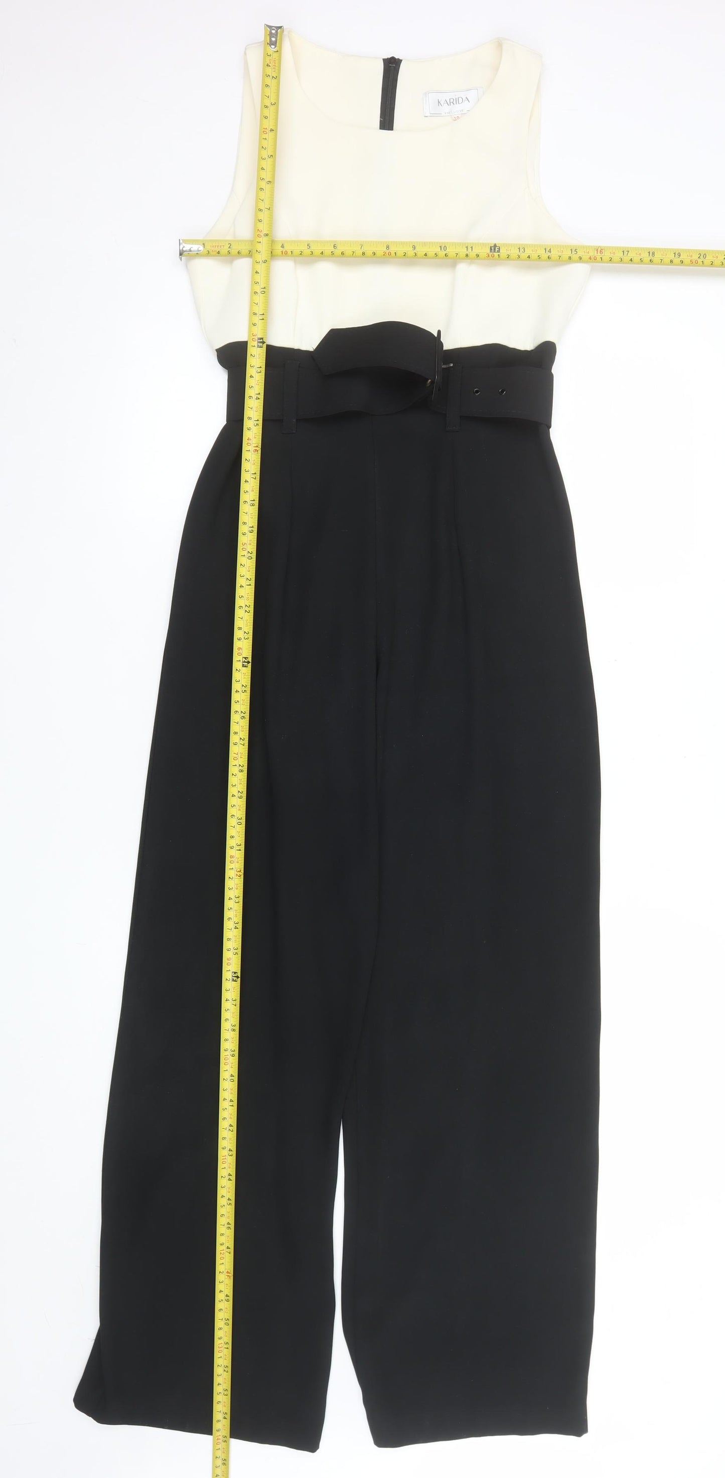 Karida Women Black Beige Jumpsuit Size 10 Belted Sleeveless Wide-Leg