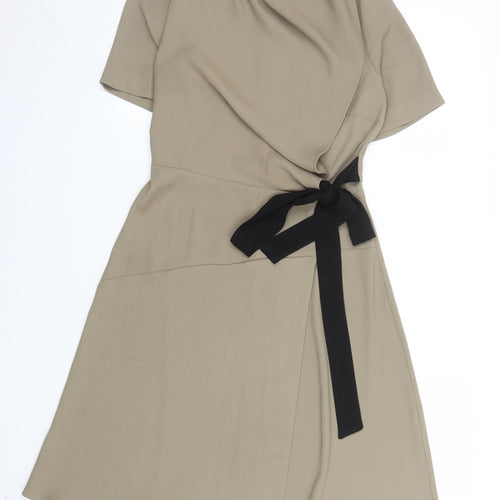 French Kiss Women's Beige Wrap Dress Size 10 Short Sleeve High Neck