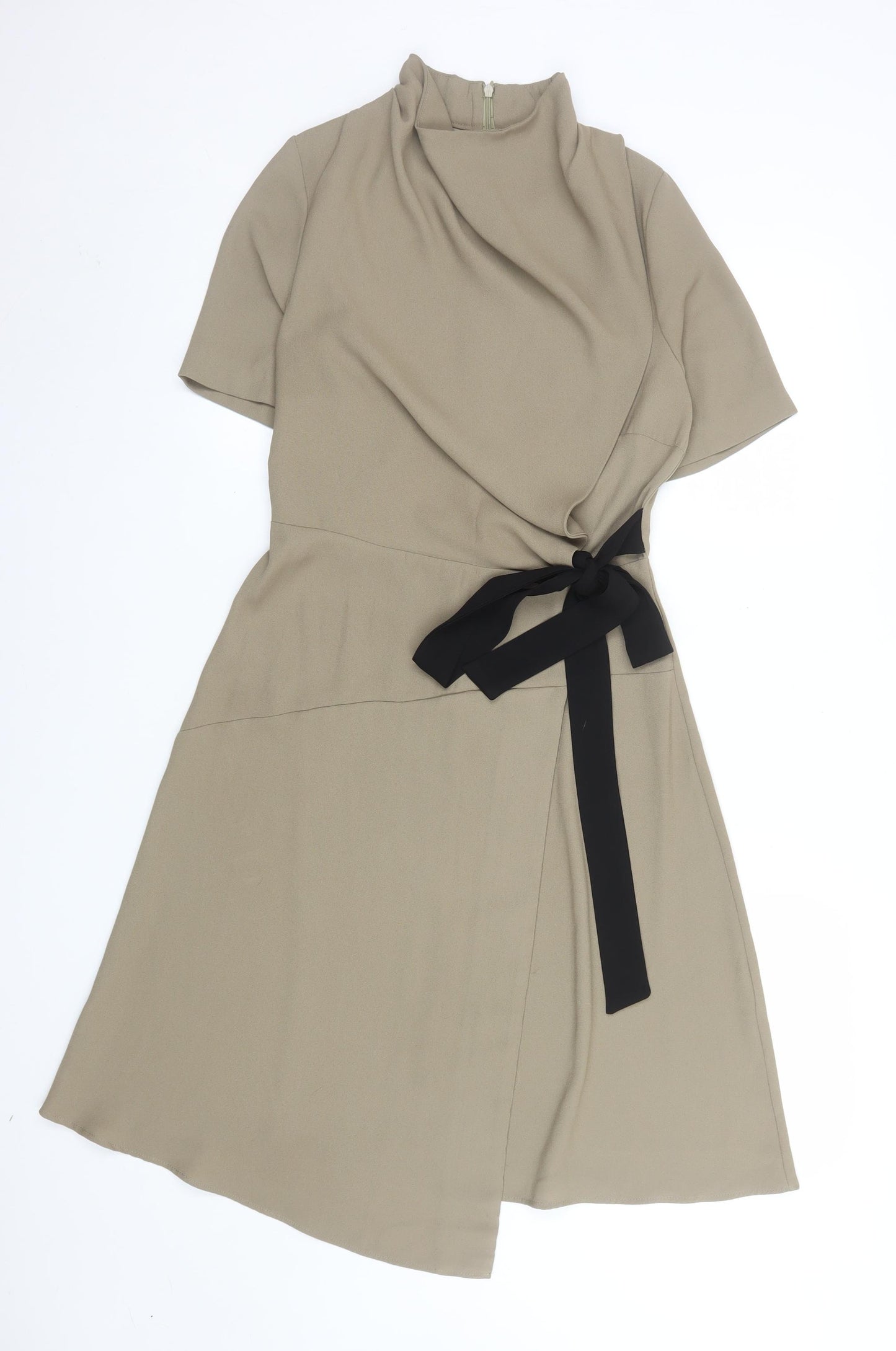 French Kiss Women's Beige Wrap Dress Size 10 Short Sleeve High Neck