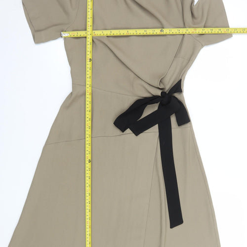 French Kiss Women's Beige Wrap Dress Size 10 Short Sleeve High Neck