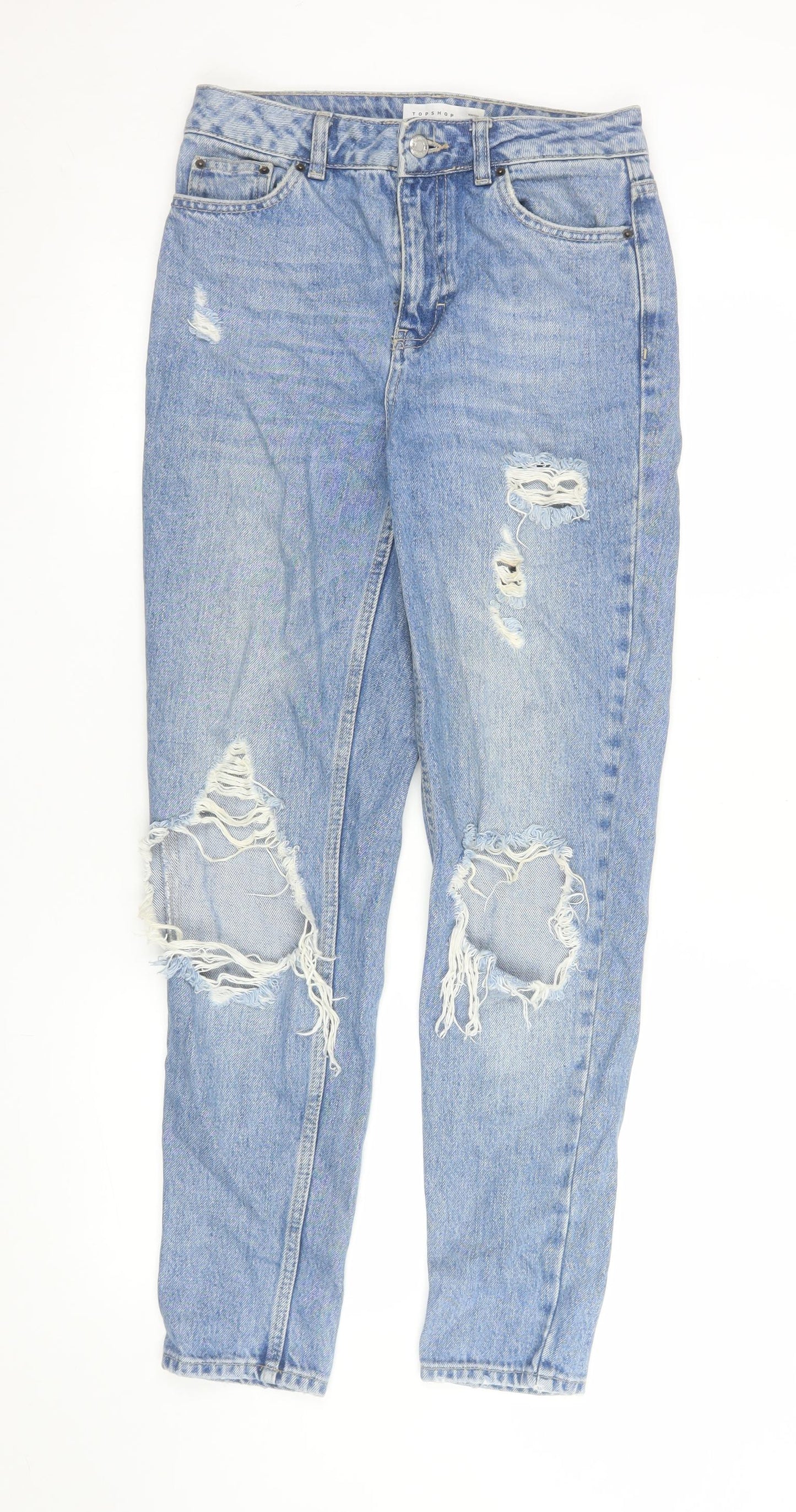 Topshop Womens Blue Distressed Mom Jeans Size 8 High Rise Denim