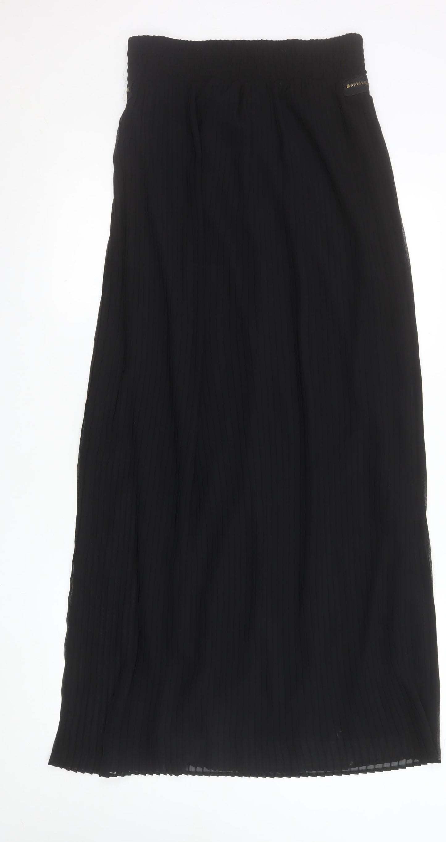 Mango Women Black Midi Straight Skirt S Zip Detail Elastic Waist