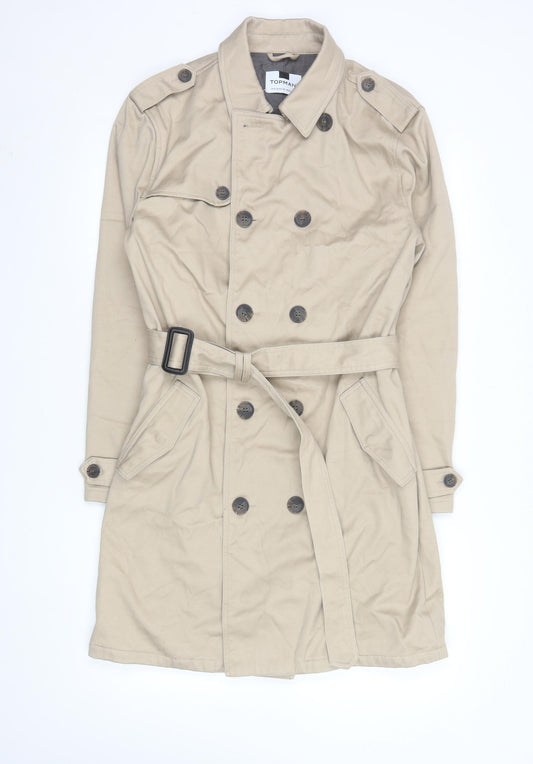 Topman Men's Beige Trench Coat M Classic Long Belted Cotton