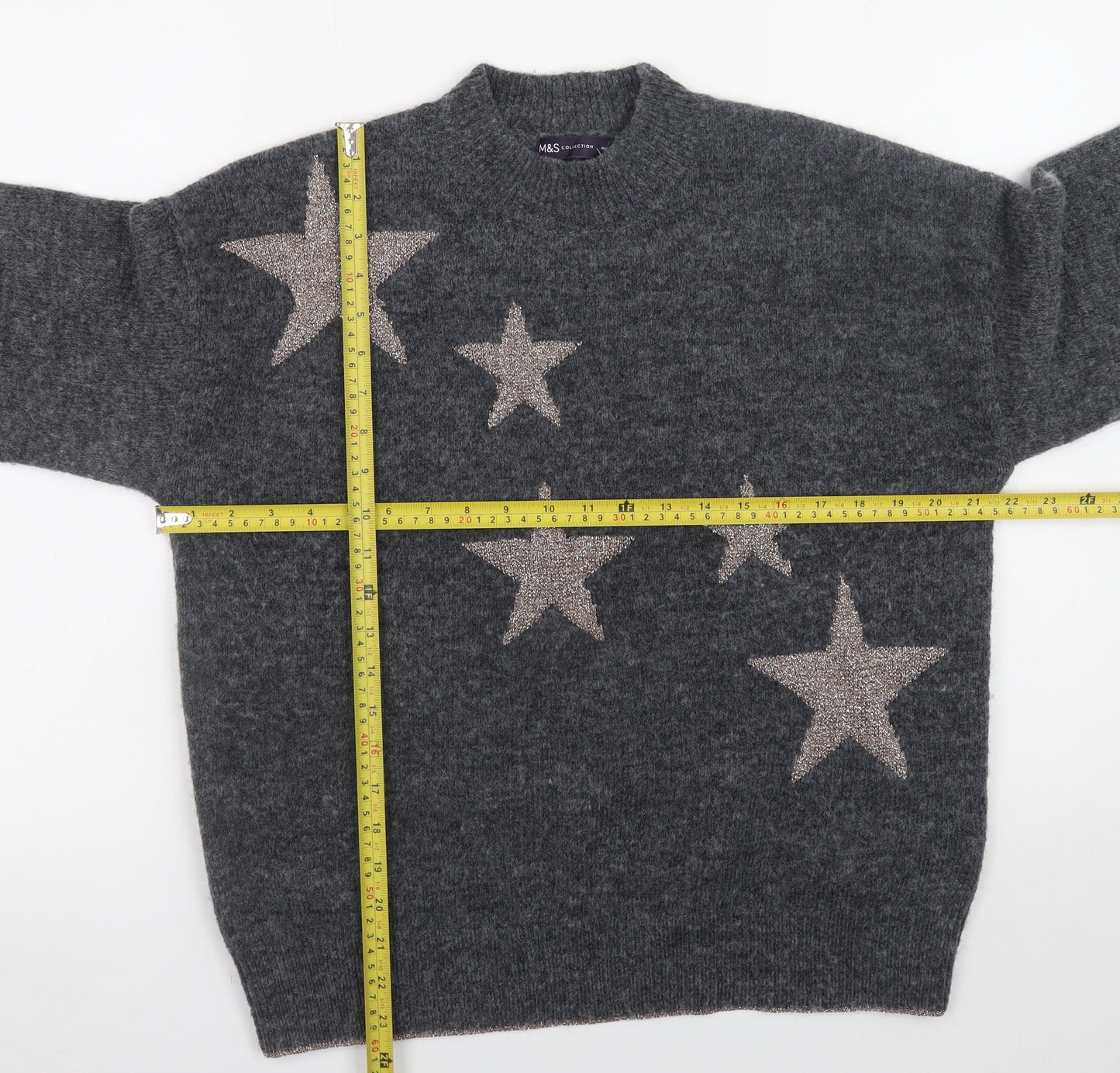 Marks and Spencer Women Grey Star Knit Crew Neck Jumper M