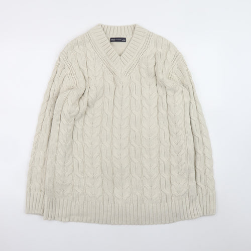 Marks and Spencer Men’s Beige Cable-Knit V-Neck Jumper Medium