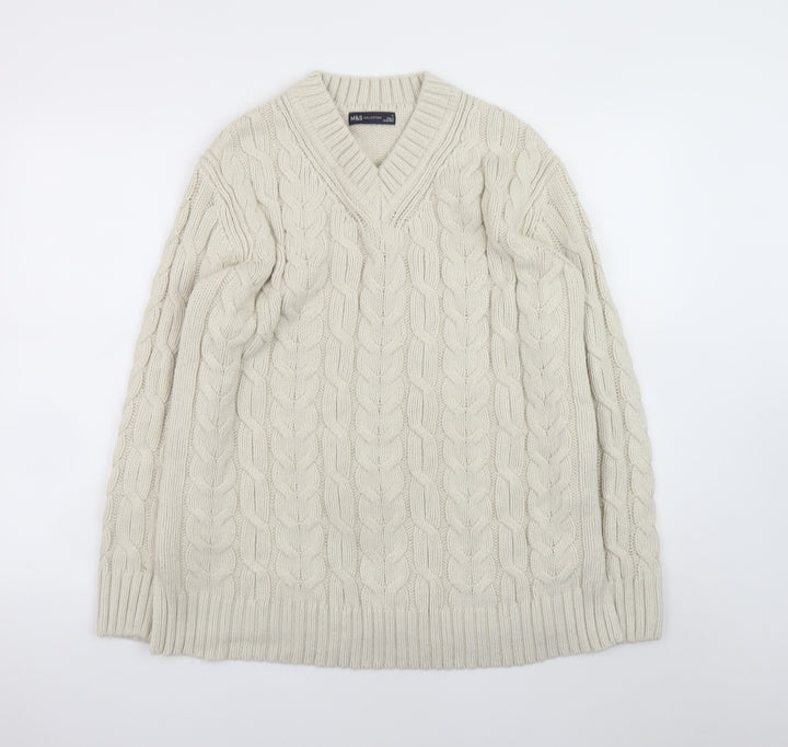 Marks and Spencer Men’s Beige Cable-Knit V-Neck Jumper Medium