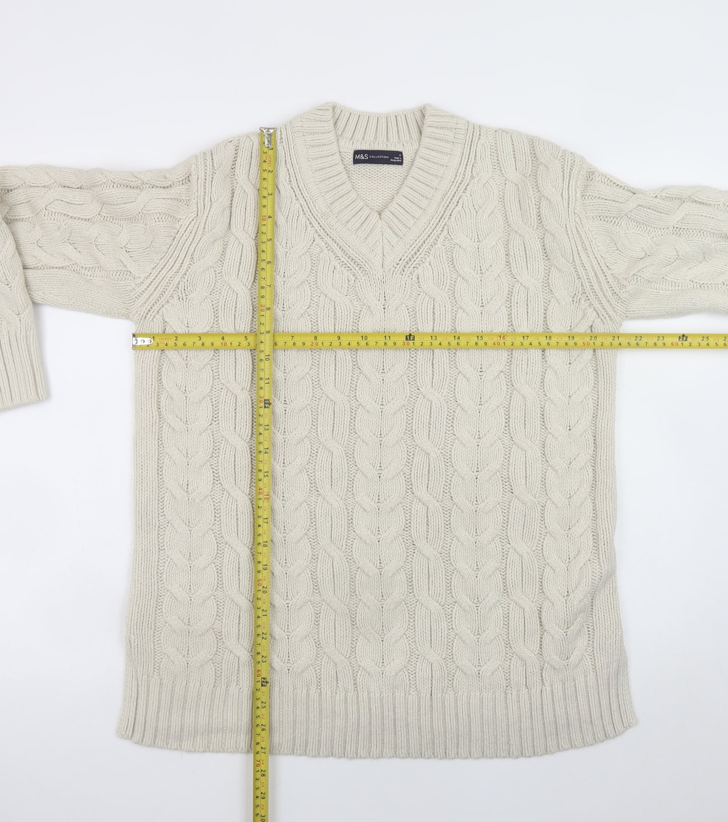 Marks and Spencer Men’s Beige Cable-Knit V-Neck Jumper Medium