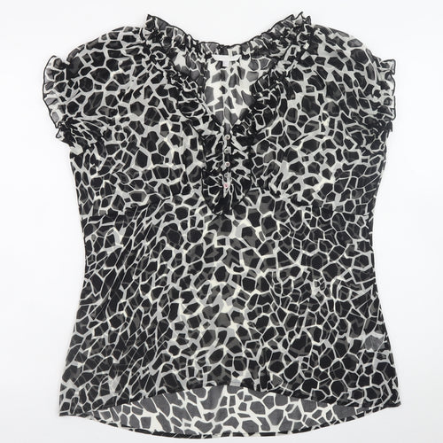 Lakeland Women’s Black Animal Print Ruffle V-Neck Chiffon Blouse Size 18