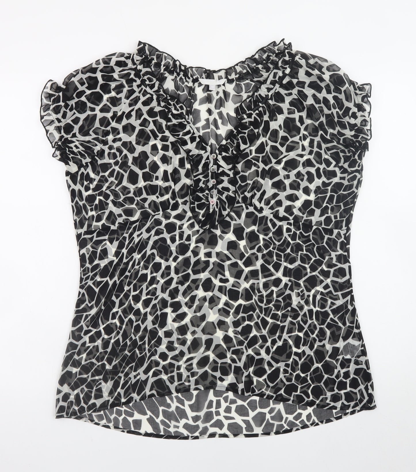 Lakeland Women’s Black Animal Print Ruffle V-Neck Chiffon Blouse Size 18