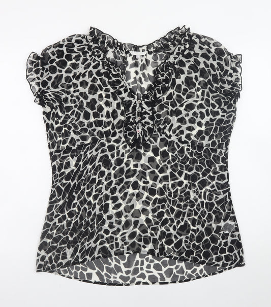 Lakeland Women’s Black Animal Print Ruffle V-Neck Chiffon Blouse Size 18