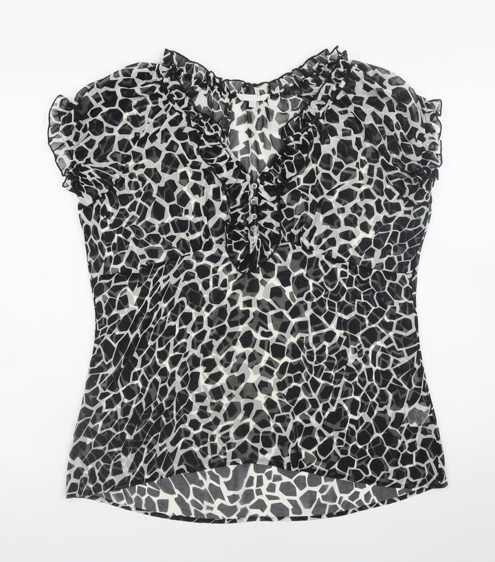 Lakeland Women’s Black Animal Print Ruffle V-Neck Chiffon Blouse Size 18