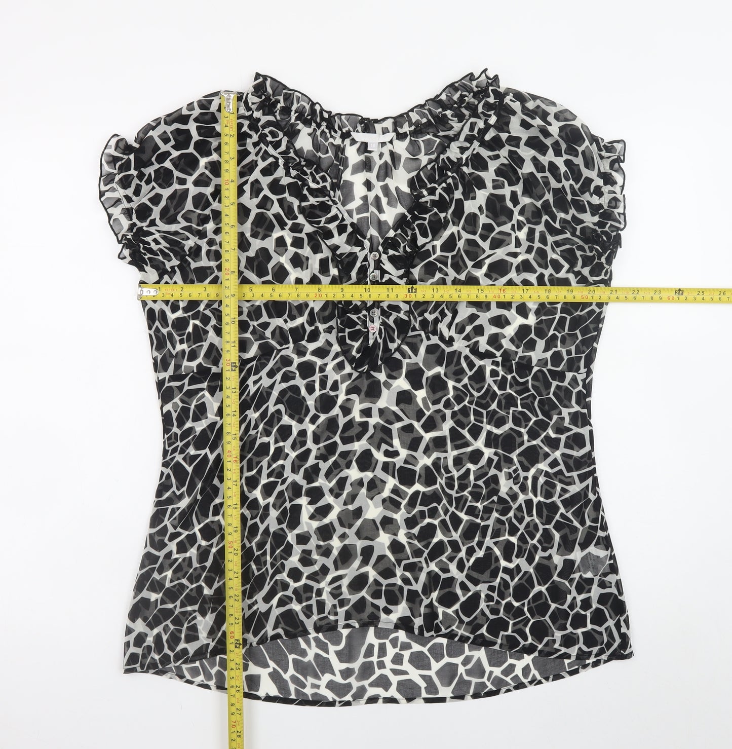 Lakeland Women’s Black Animal Print Ruffle V-Neck Chiffon Blouse Size 18