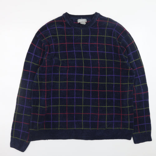 North Forty Four Men's Blue Check Crew Neck Pullover Jumper M