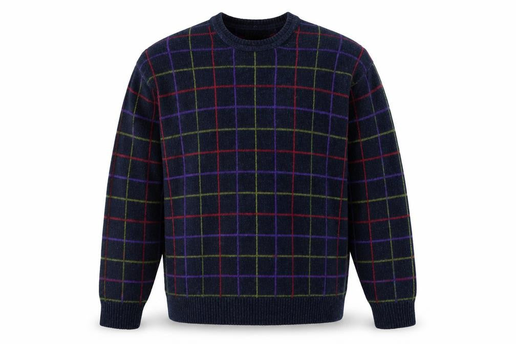 Front view of North Forty Four Men's Blue Check Crew Neck jumper M