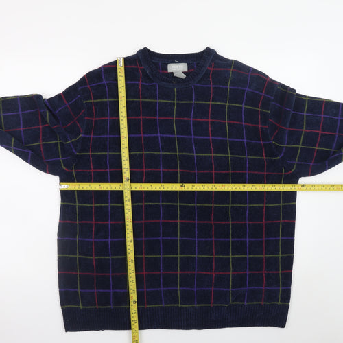 North Forty Four Men's Blue Check Crew Neck Pullover Jumper M