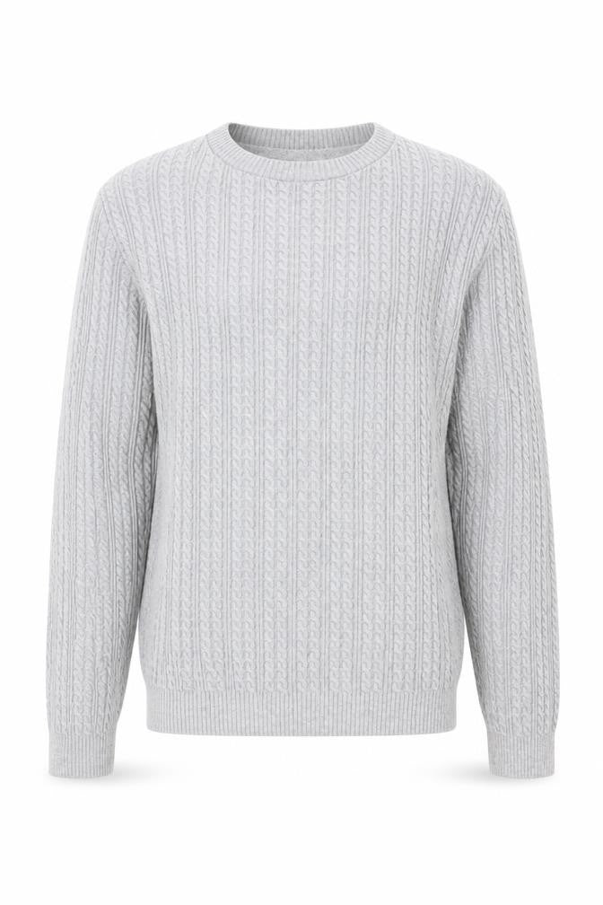 Front view of ASOS Men’s Grey Cable-Knit Cotton Blend Crew Neck Jumper, size M