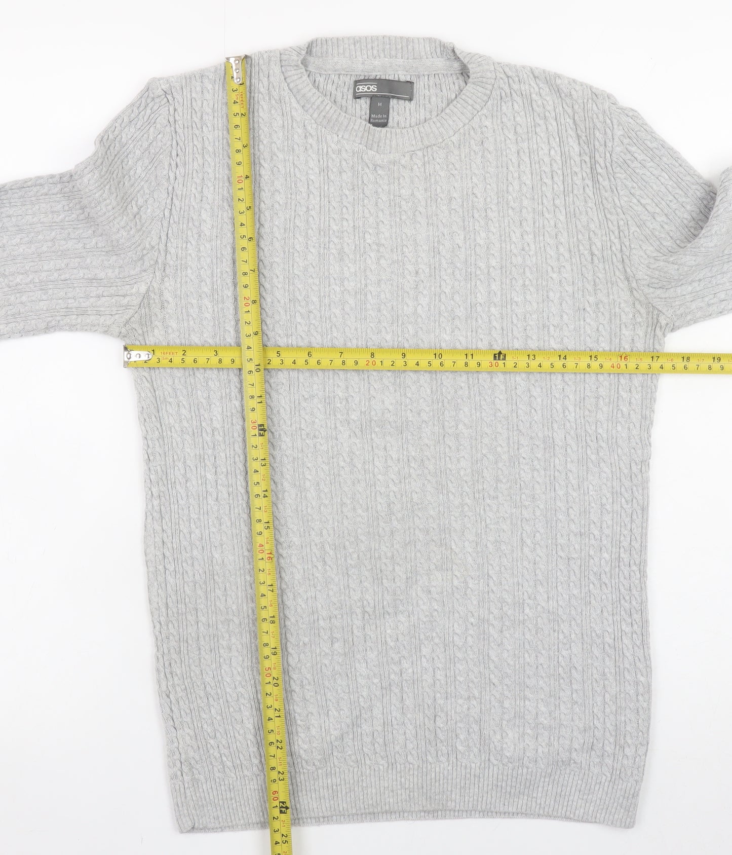 ASOS Men’s Grey Cable-Knit Cotton Blend Crew Neck Jumper Size M