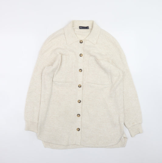 Marks and Spencer Women’s Beige Collared Rib Knit Cardigan Small