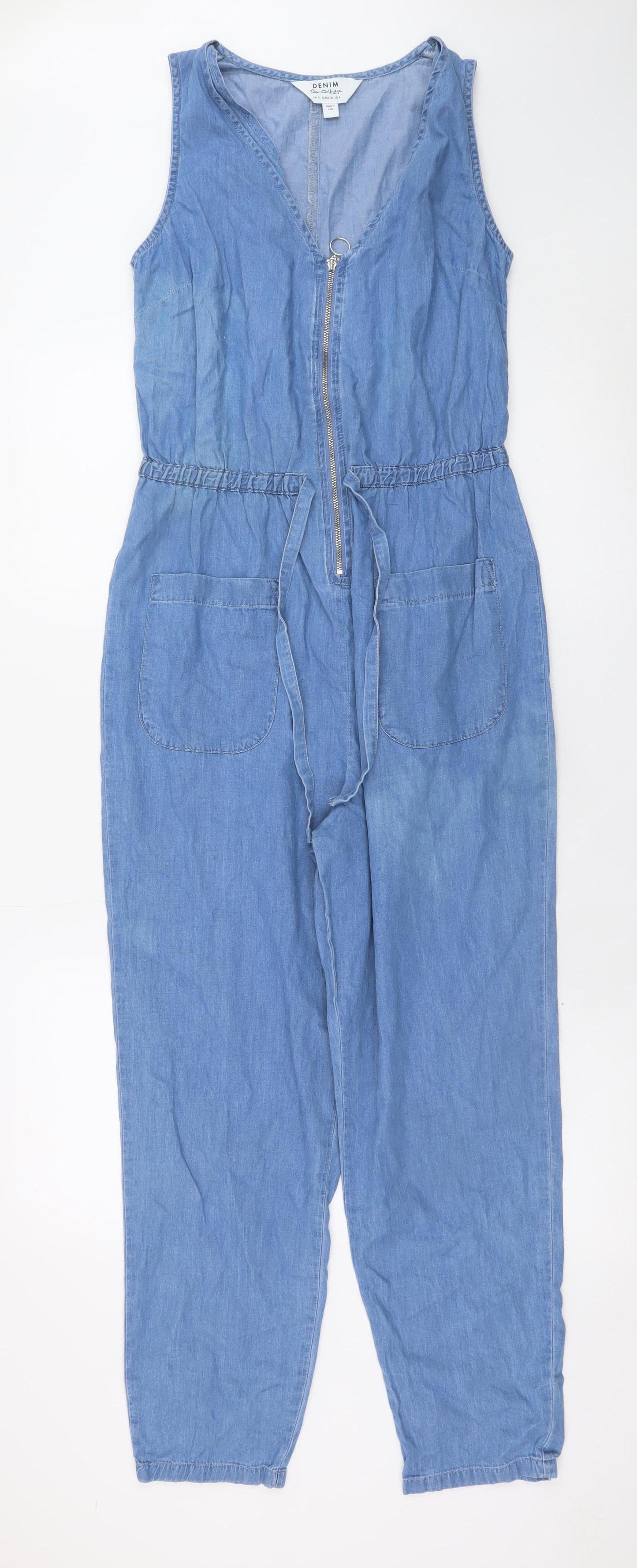 Miss Selfridge Women's Blue Denim Zip Front Sleeveless Jumpsuit UK 8