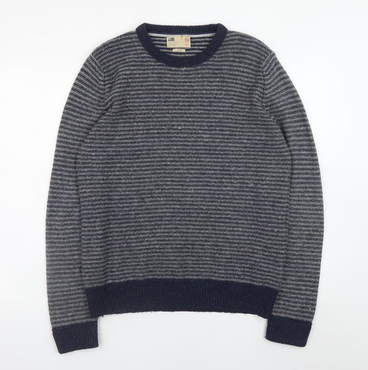Marks and Spencer Men's Blue Striped Wool Blend Crew Neck Jumper M