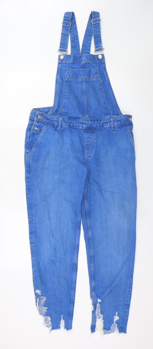 River Island Women Blue Denim Distressed Dungaree Jumpsuit Size 10