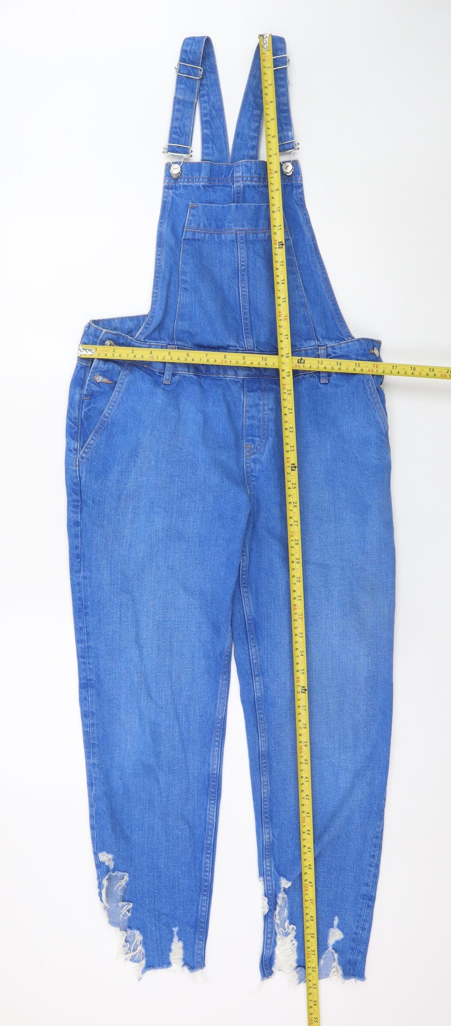 River Island Women Blue Denim Distressed Dungaree Jumpsuit Size 10