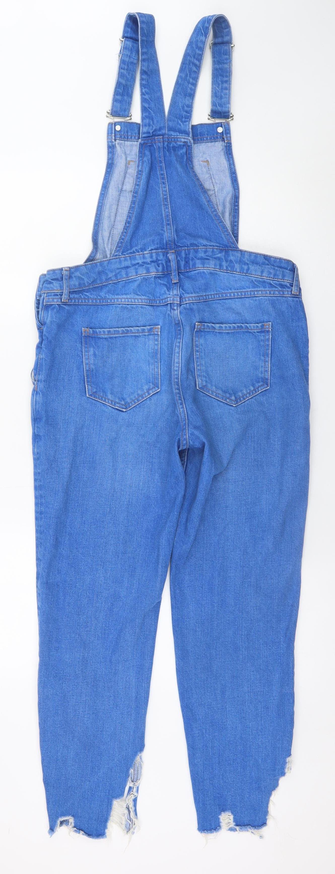 River Island Women Blue Denim Distressed Dungaree Jumpsuit Size 10