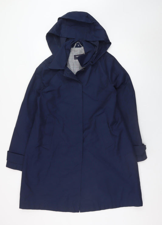 Marks and Spencer Womens Blue Hooded Rain Coat Size 12 Long Cotton Blend