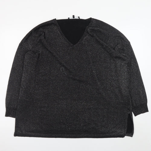 Live Unlimited Women's Black V-Neck Long Sleeve Metallic Pullover Jumper Size 16