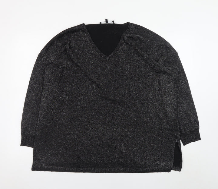 Live Unlimited Women's Black V-Neck Long Sleeve Metallic Pullover Jumper Size 16