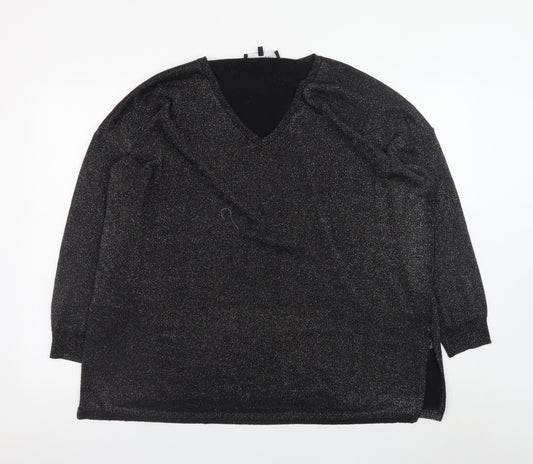 Live Unlimited Women's Black V-Neck Long Sleeve Metallic Pullover Jumper Size 16
