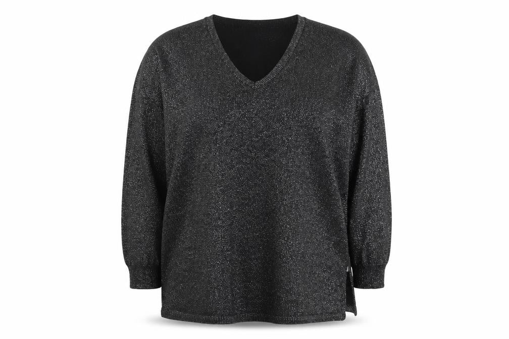 Front view of Live Unlimited Women's Black V-Neck Long Sleeve Metallic jumper, size 16