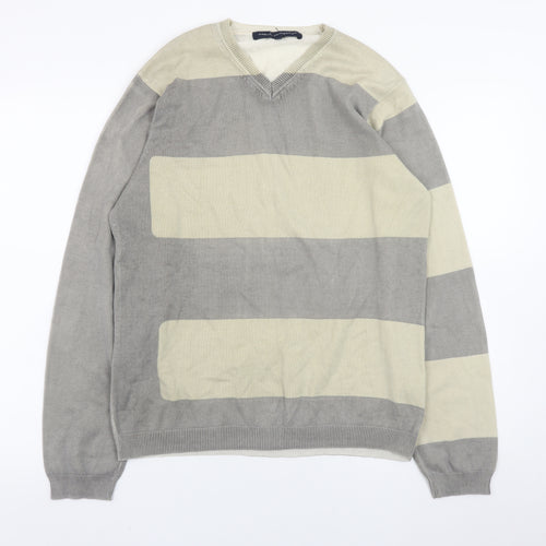 French Connection Men's Grey Striped Cotton V-Neck Jumper M