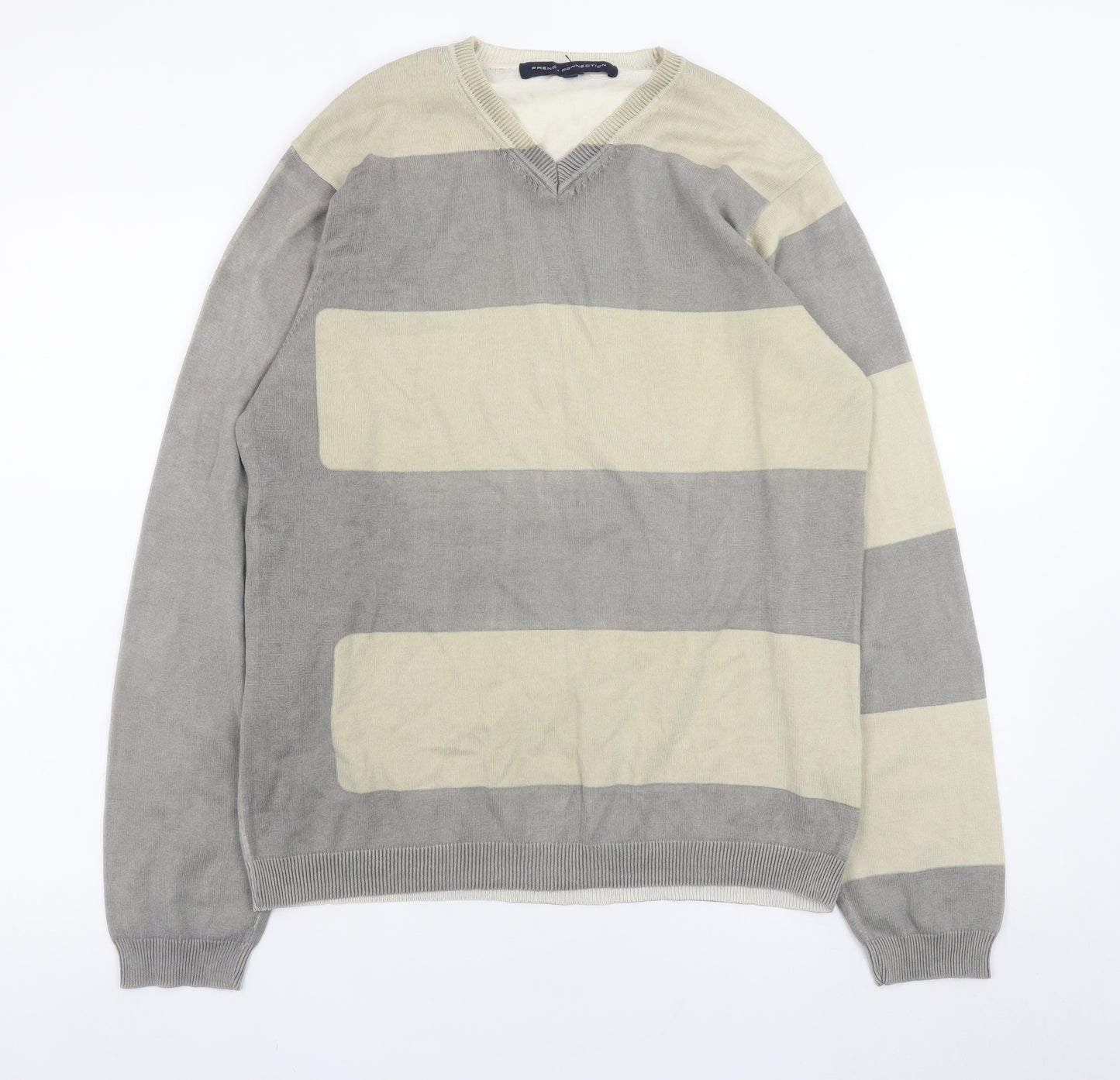 French Connection Men's Grey Striped Cotton V-Neck Jumper M