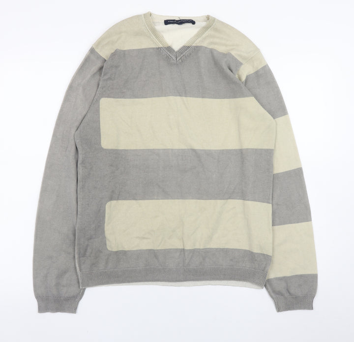 French Connection Men's Grey Striped Cotton V-Neck Jumper M