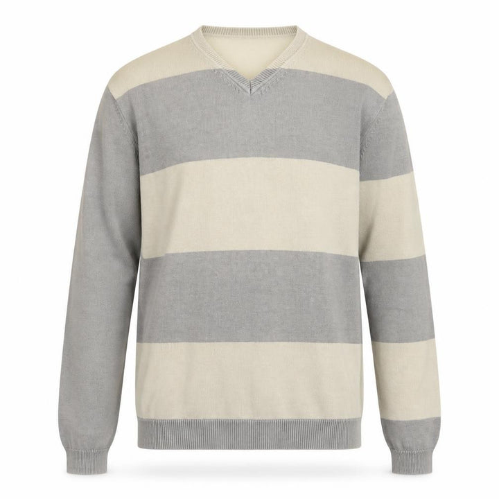 French Connection Men's Grey Striped Cotton V-Neck Jumper M