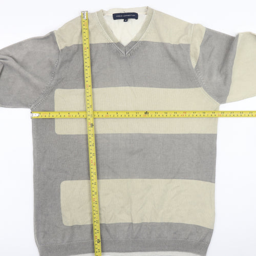 French Connection Men's Grey Striped Cotton V-Neck Jumper M
