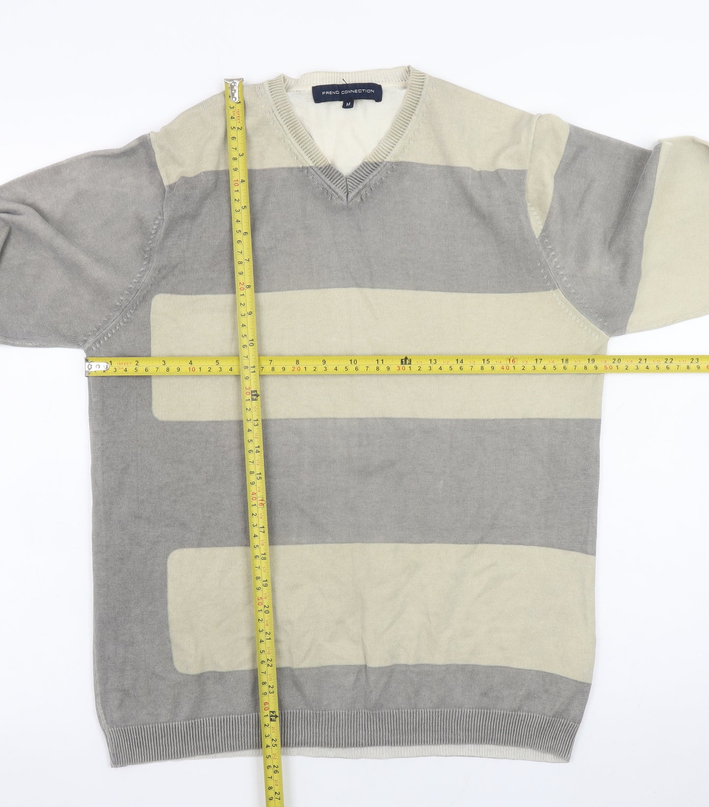 French Connection Men's Grey Striped Cotton V-Neck Jumper M