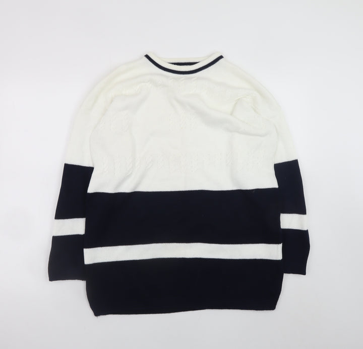 Dash Womens White Blue Cotton Striped Crew Neck Jumper M 12/14