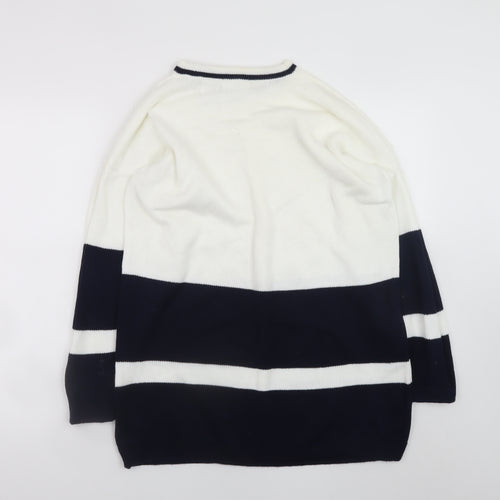 Dash Womens White Blue Cotton Striped Crew Neck Jumper M 12/14