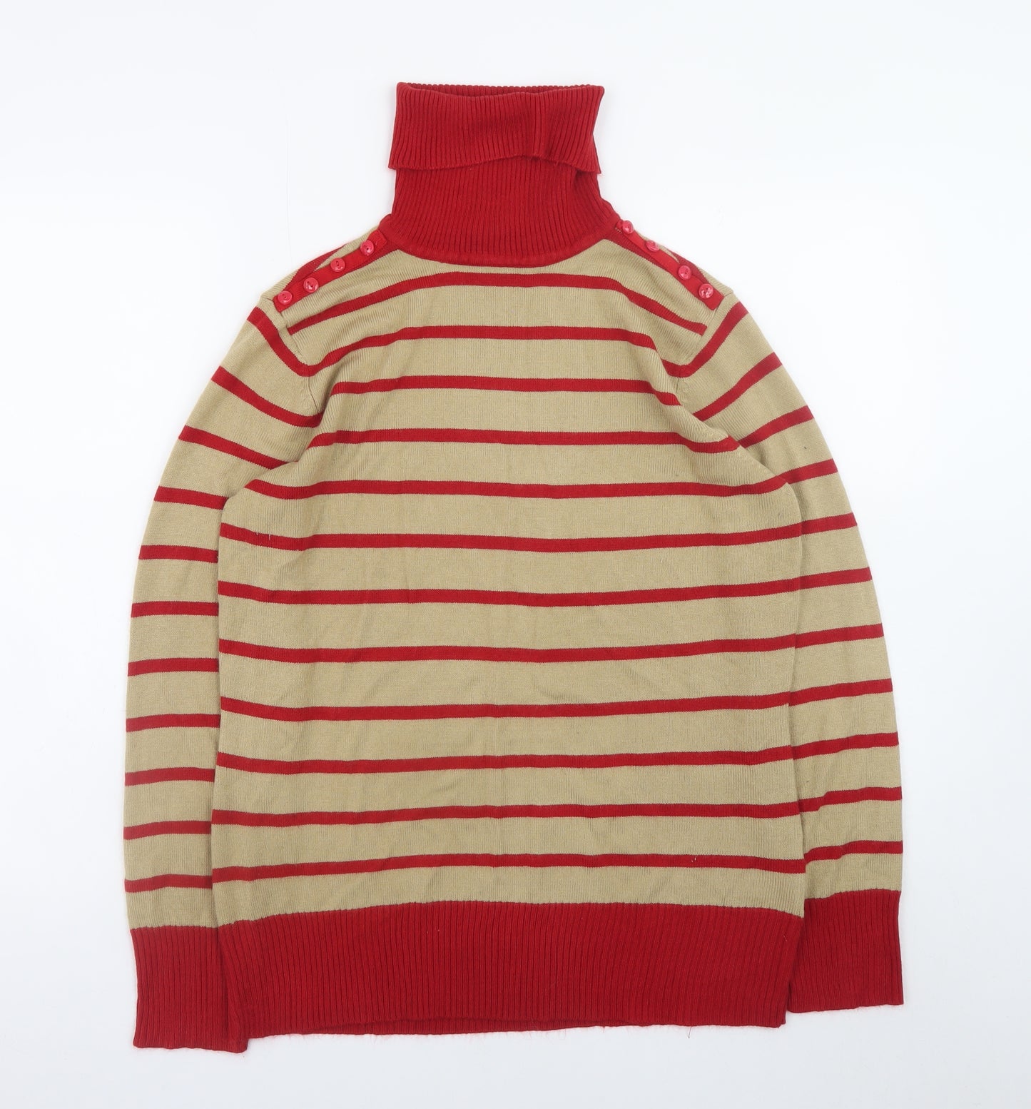Mozaic Women Beige Red Striped Roll Neck Jumper Size L