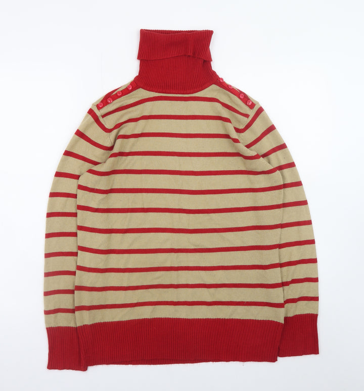 Mozaic Women Beige Red Striped Roll Neck Jumper Size L