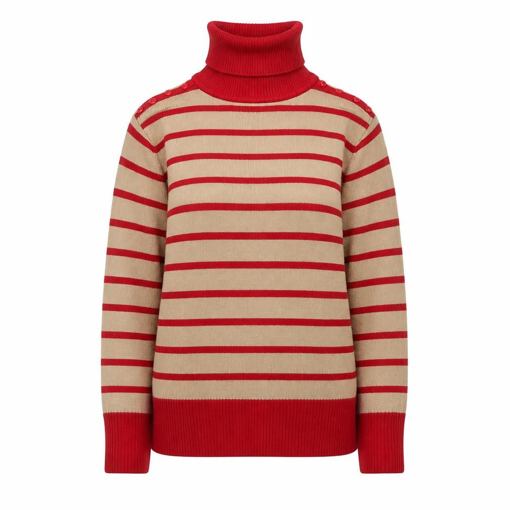 Front view of Mozaic Women Beige Red Striped Roll Neck Jumper, size L